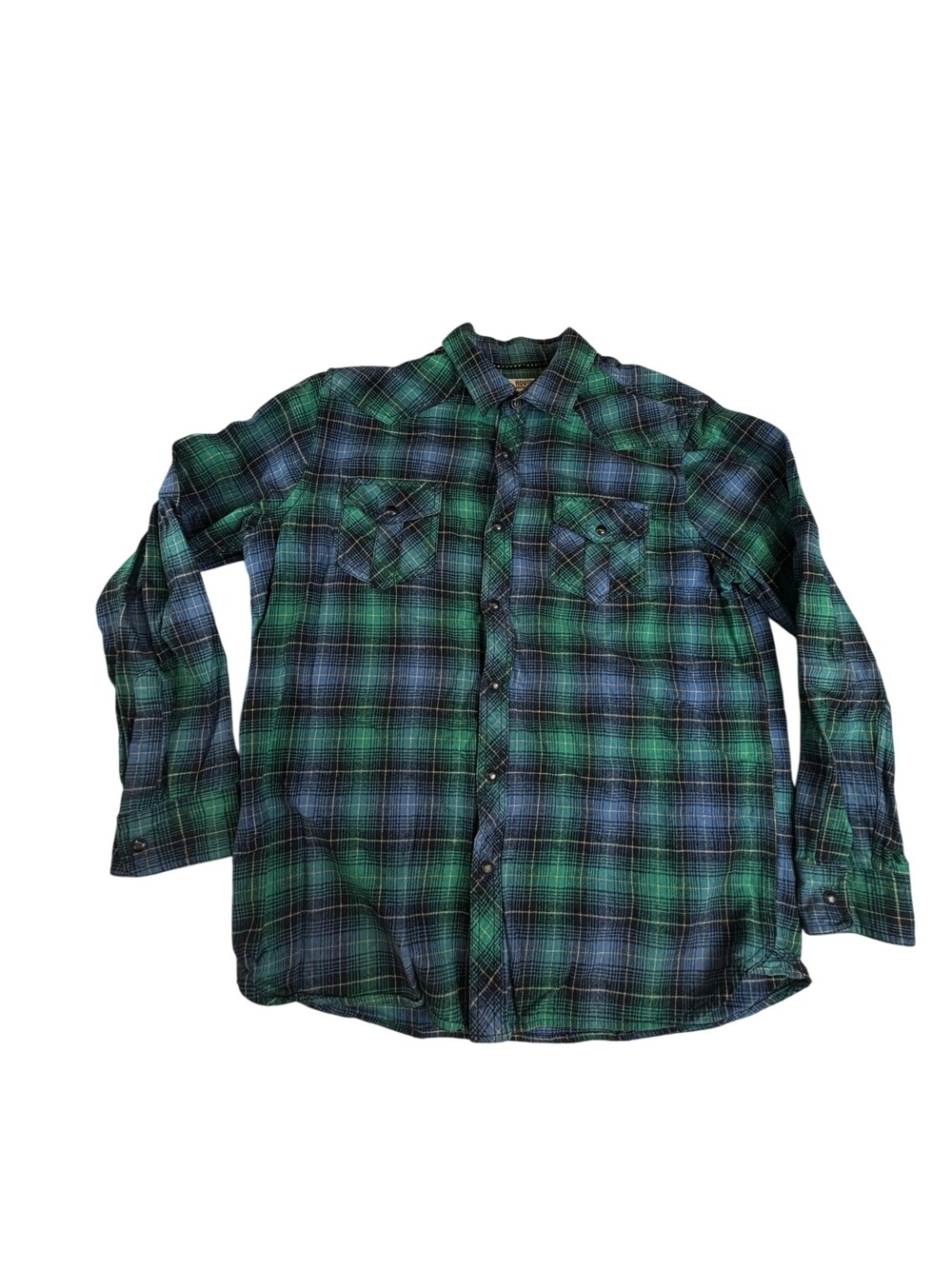 Route 66 Flannel Shirt Mens Medium Green Plaid Long Sleeve Western Snap Front